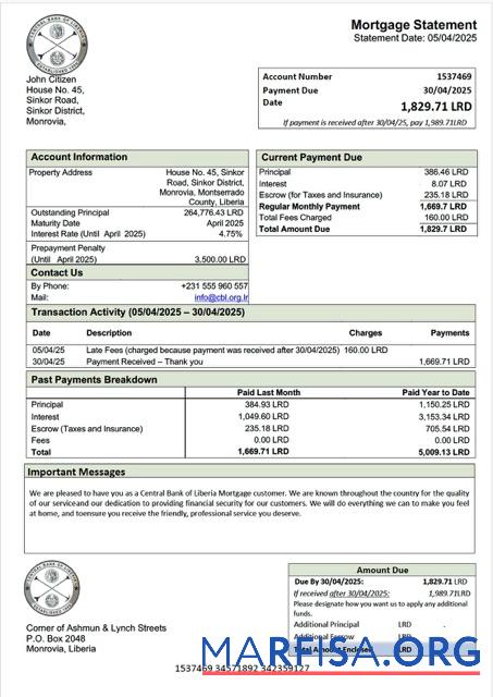 Realistic Liberia Central Bank of Liberia mortgage statement Word and PDF template